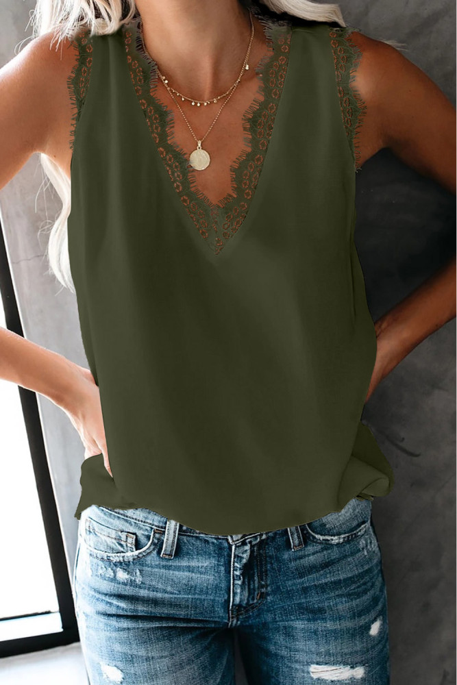 Green Sleeveless Eyelash Lace V Neck Tank Top