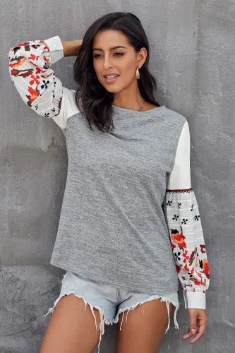 Gray Contrast Printed Sleeve Knit Sweatshirts