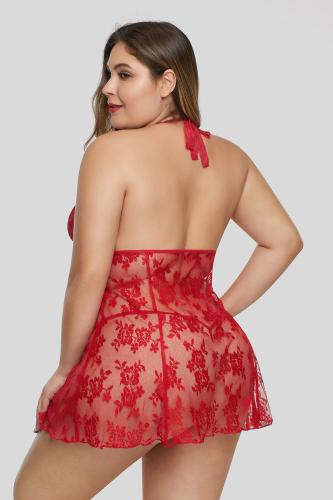 Red Open Back Floral Lace Plus Size Lingerie