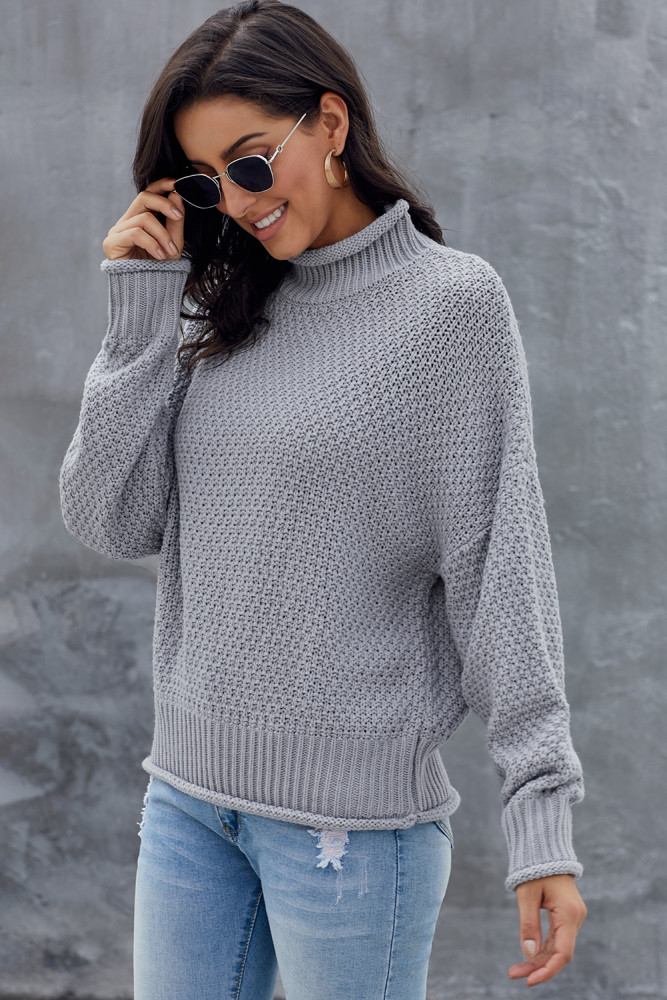 Gray Oversized Chunky Batwing Long Sleeve Turtleneck Sweater