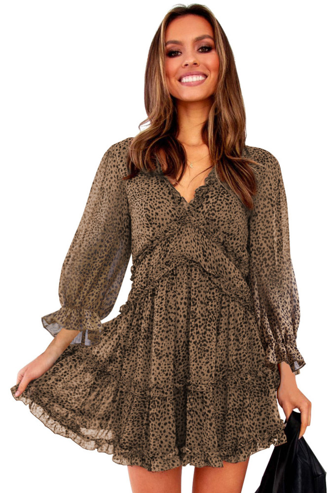 Leopard Ruffle Detailing Open Back Floral Dress