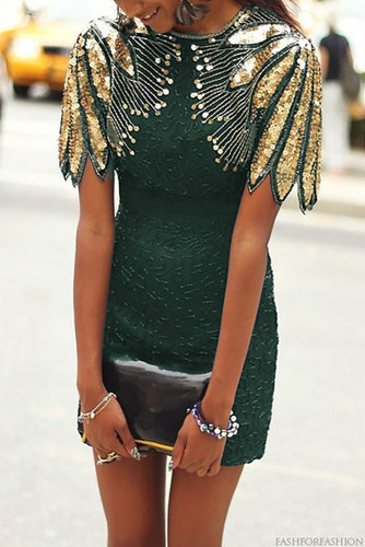 Green Sequin Shoulder Cocktail Party Dress