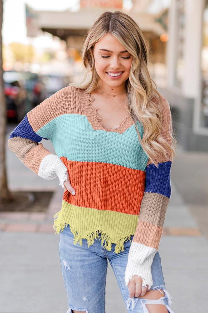 Apricot Colorblock Distressed Sweater