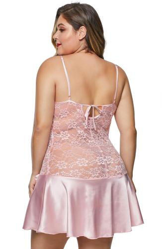 Pink Wrapped V Neck Floral Lace Abdomen Plus Size Babydoll