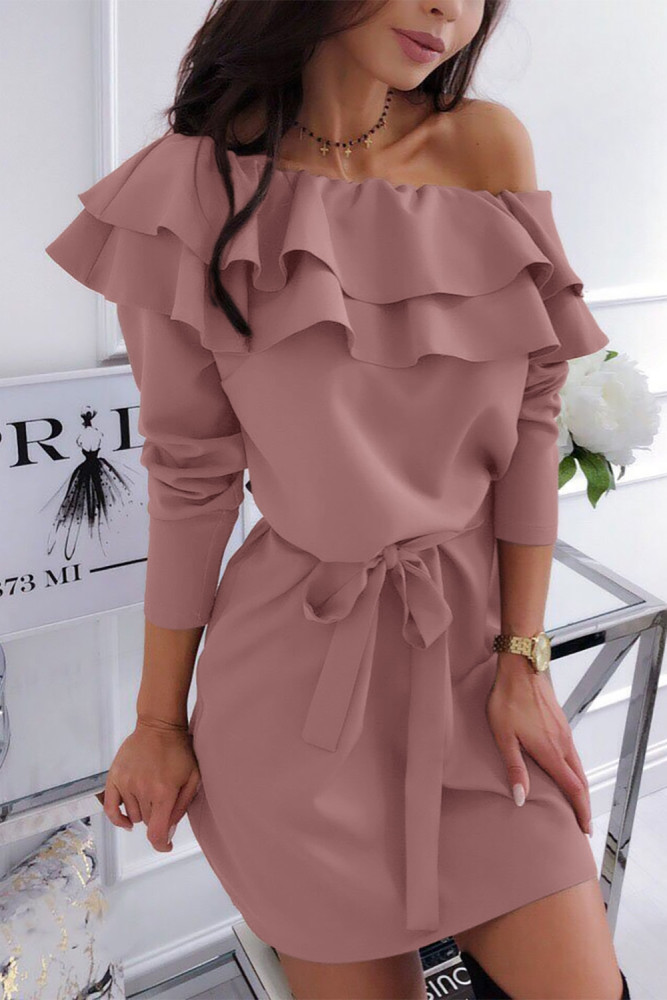 Pink Double Frill Off Shoulder Long Sleeve Dress