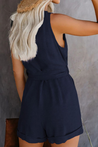 Blue Button V Neck Romper with Belt