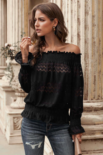Black Off Shoulder Ruffle Long Sleeve Smocked Waist Lace Crochet Blouse