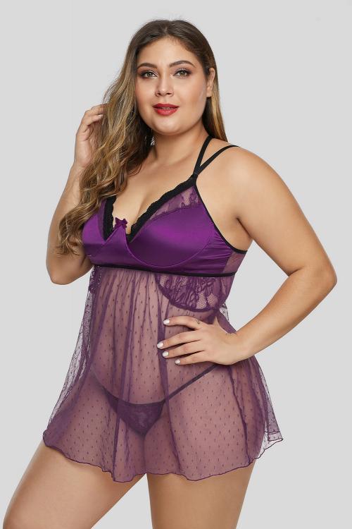 Purple Satin Dotted Mesh Plus Size Lingerie