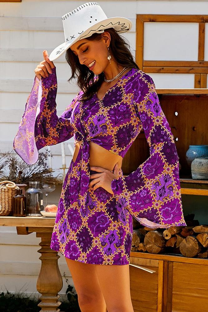Purple Retro Bell Sleeve Front Knot 2 Pcs Dress