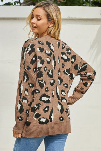 Brown Long Sleeves Leopard Print Knitting Cardigan