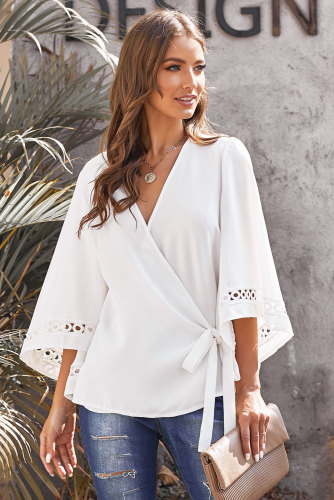 White Crochet Trim Wrap Blouse