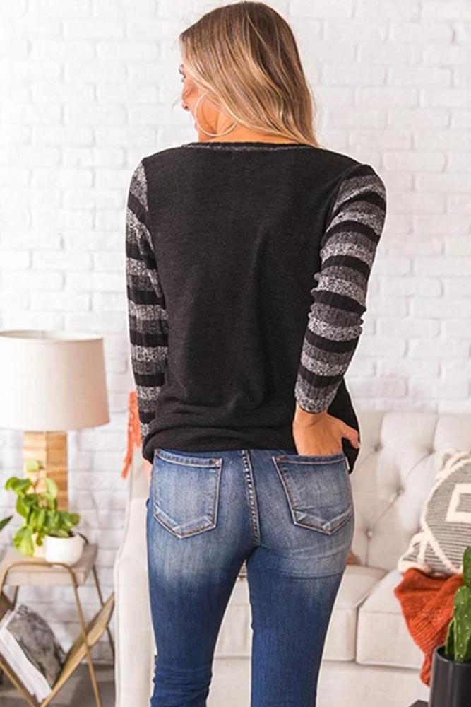 Black Striped Sleeve Twist Detail Top