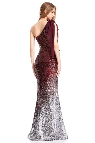 Red Gradient One Shoulder Sequin Party Evening Dress