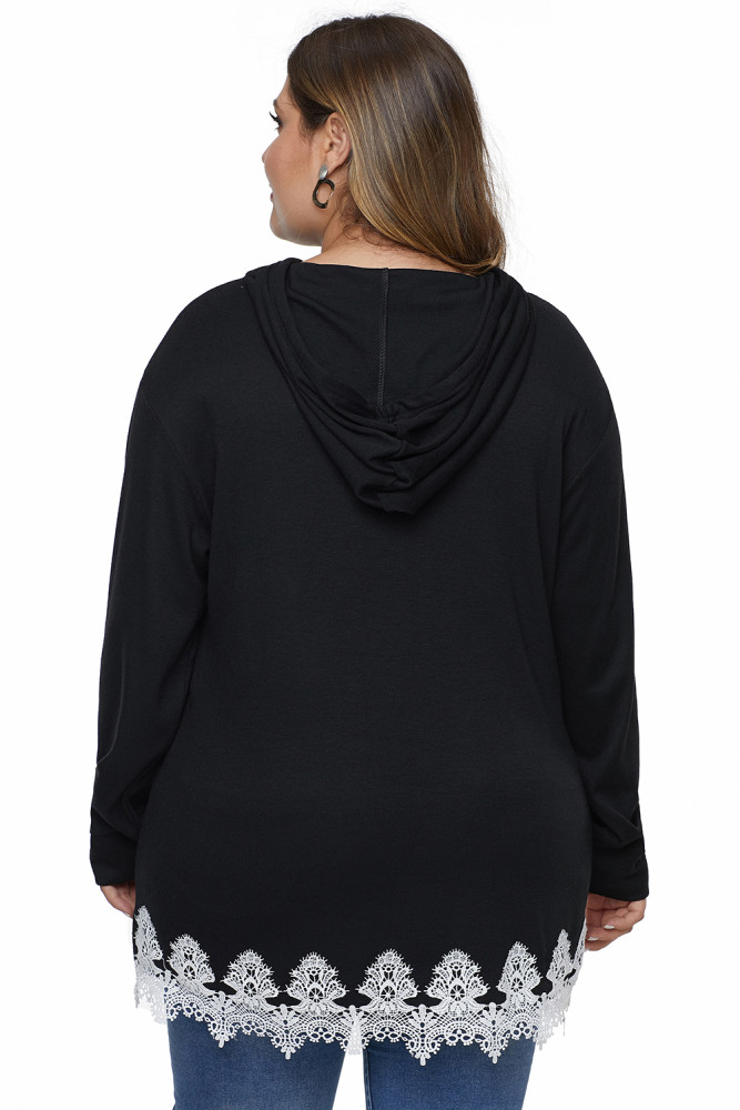 Black Plus Size Supersoft Hoodie Sweatshirt With Lace Trim