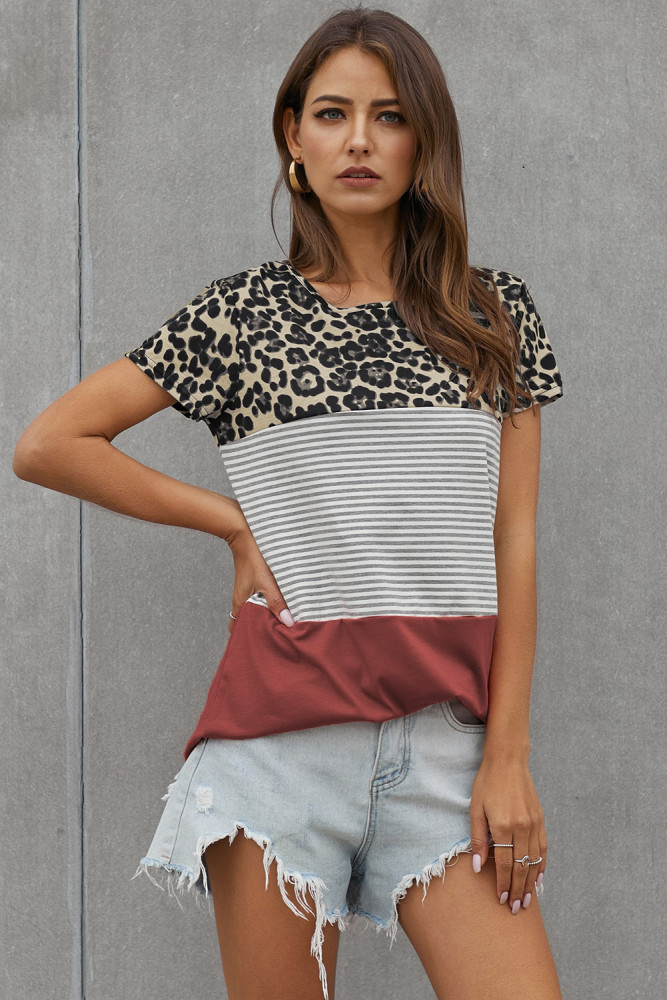 Rusty Block Striped and Leopard Short Sleeve Tee