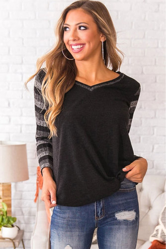 Black Striped Sleeve Twist Detail Top