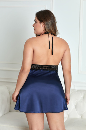 Plus Size Lace Deep Blue Satin Short Nightdress