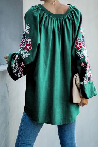 Green Relaxing Fit Embroidered Peasant Top