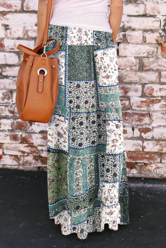 Green Boho Print Tie-Up Waist Long Maxi Skirt