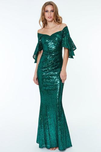 Green Off The Shoulder Sequined Maxi Dress