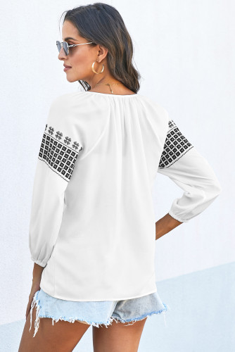 Black Ethnic Embroidery V Cut Neck 3/4 Sleeve Top