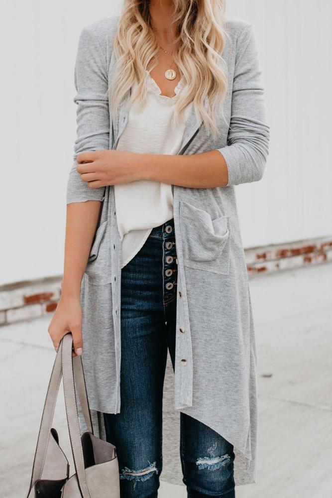 Light Gray Selected Button Down Pocketed High Low Cardigan