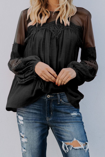 Black Fashion Lantern-Sleeve Lace Patchwork Top
