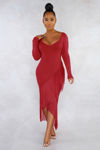 Red Glove Sleeves Fringed High-low Midi Dress