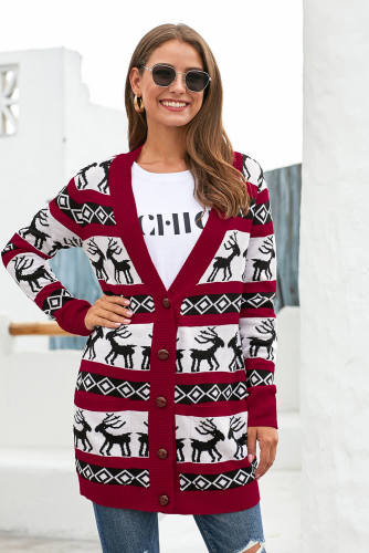 Red Elk Printed Long Sleeves Knitting Mid-length Christmas Cardigan