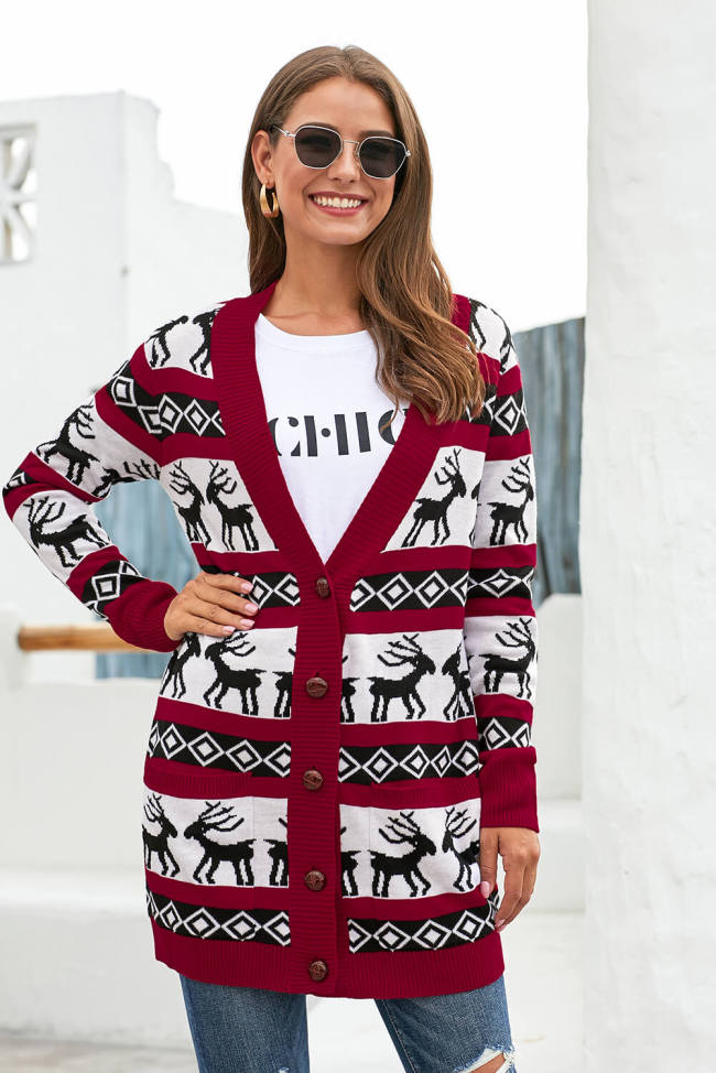 Red Elk Printed Long Sleeves Knitting Mid-length Christmas Cardigan