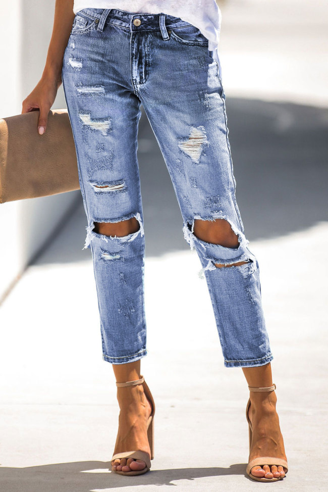 Water Wash Distressed Hole Denim Jeans