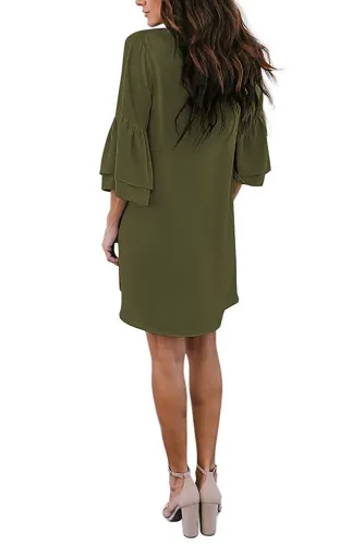 Green V Neck Buttoned Bell Sleeve Shift Shirt Dress