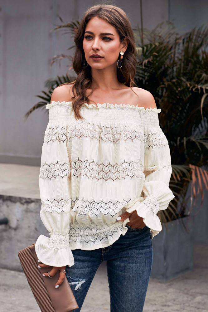 Apricot Off Shoulder Ruffle Long Sleeve Smocked Waist Lace Crochet Blouse
