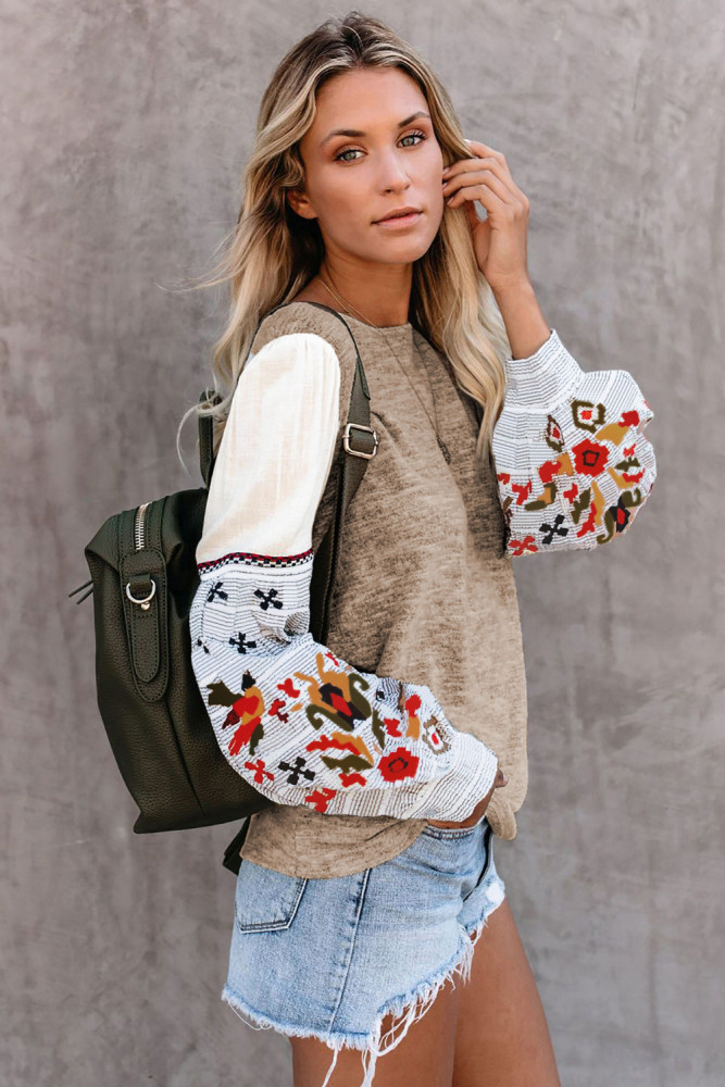 Khaki Contrast Printed Sleeve Knit Sweatshirts