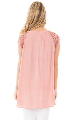 Pink Lace Sleeves Lace up Tunic Top