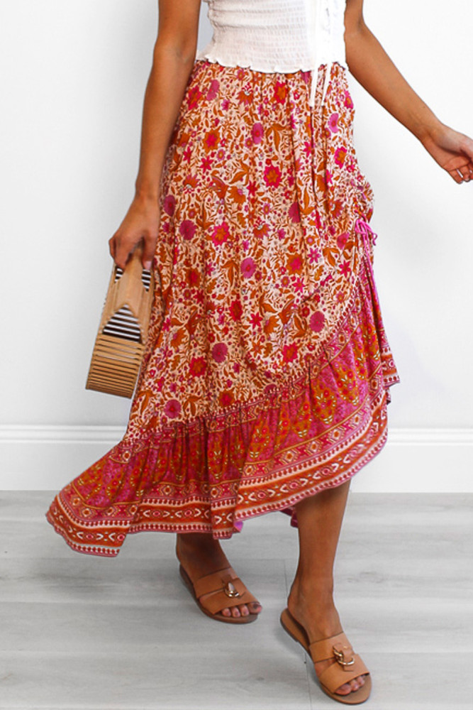 Red Floral Motif Talking Pretty Maxi Skirt