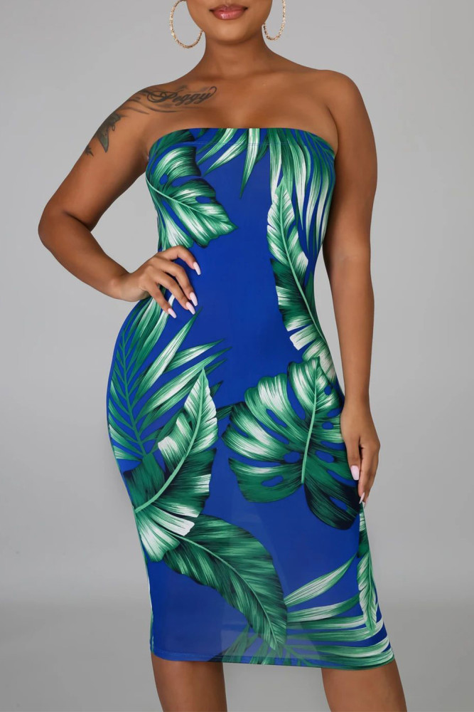 Blue Tropical Print Tube Bodycon Dress