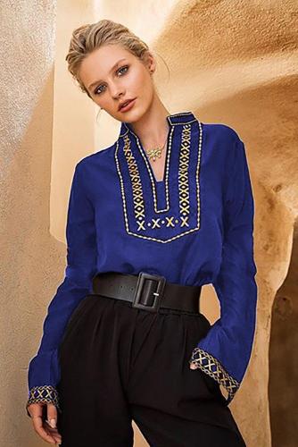 Blue Boho Embroidered V Neck long Sleeve Casual Top