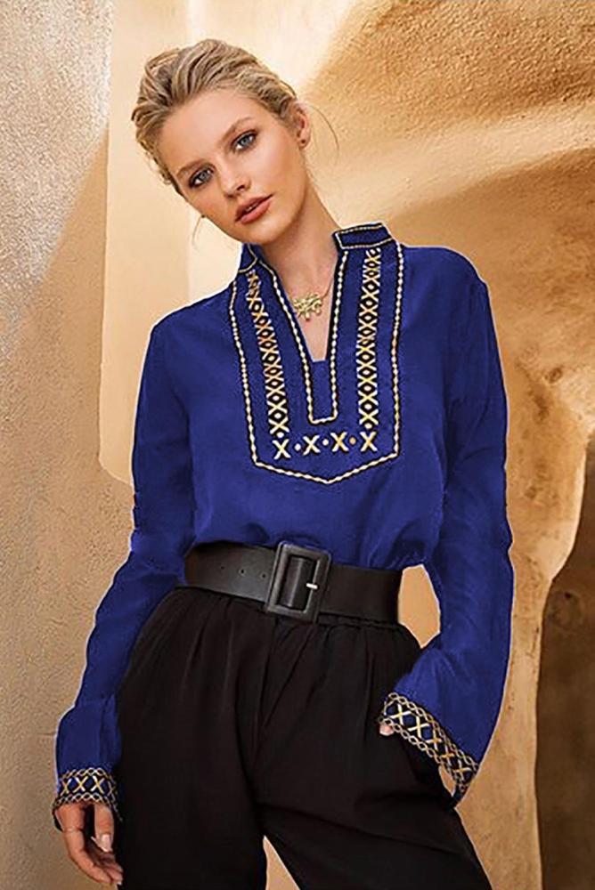 Blue Boho Embroidered V Neck long Sleeve Casual Top