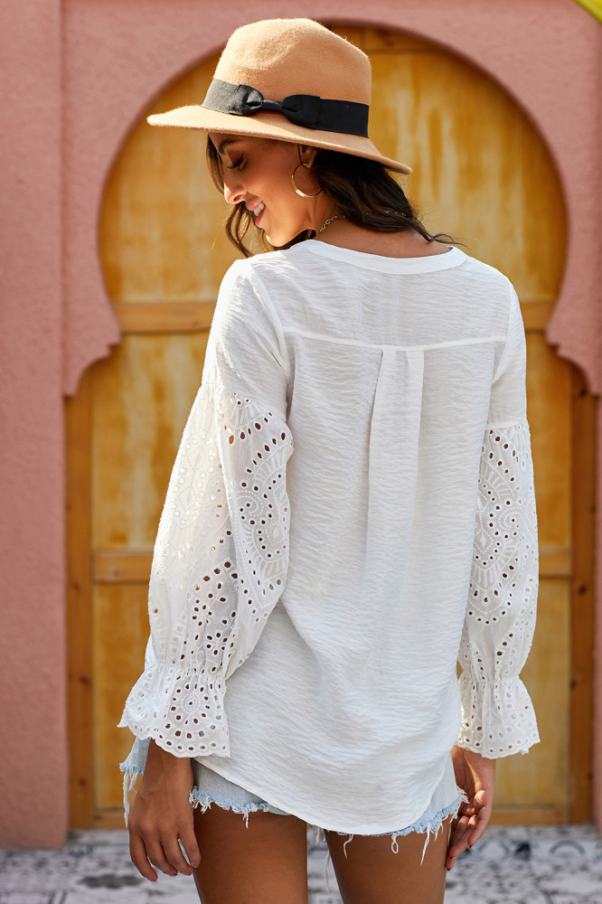 White Rekindle Eyelet Button Down Top