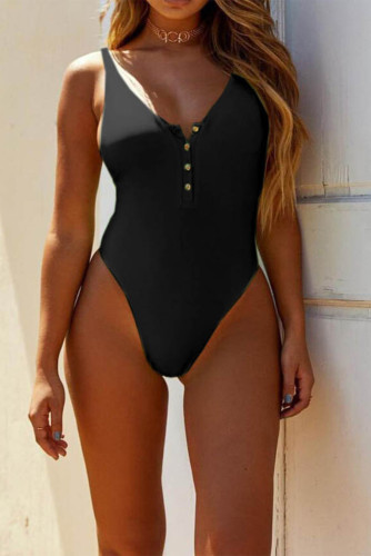 Black Snap Button Front Sunbathing Swimsuit