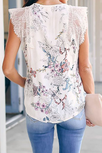 White Freesia Floral Print Contrast Lace Tank