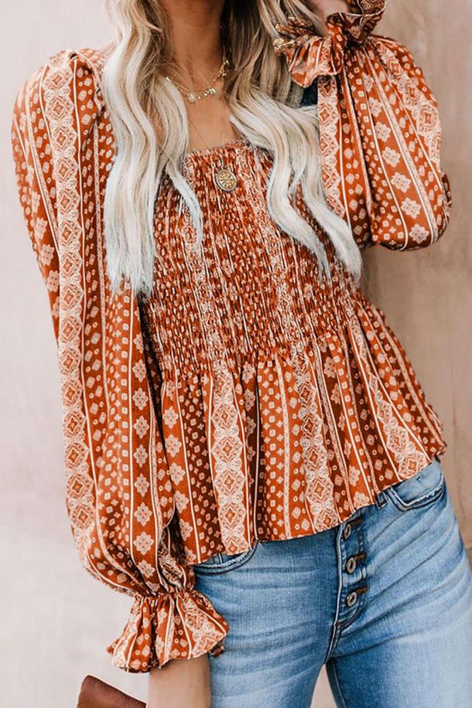 Red Bohemian Print Shirred Bodice Tunic Top