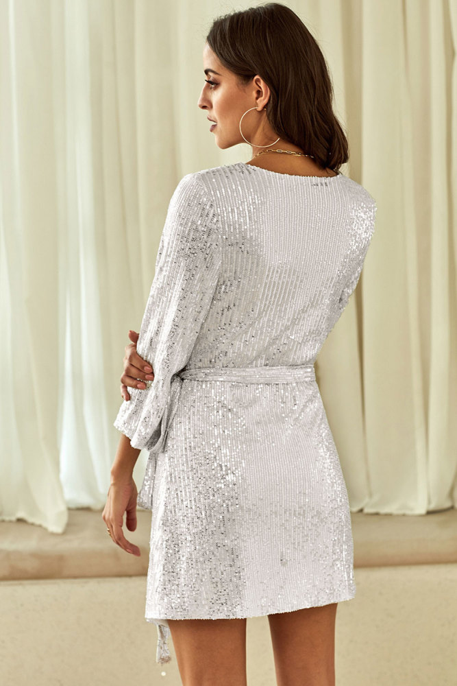 Silver Sequin Wrap Dress with Sash