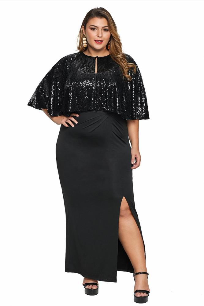 Black Sequin Cape Plus Size Maxi Dress