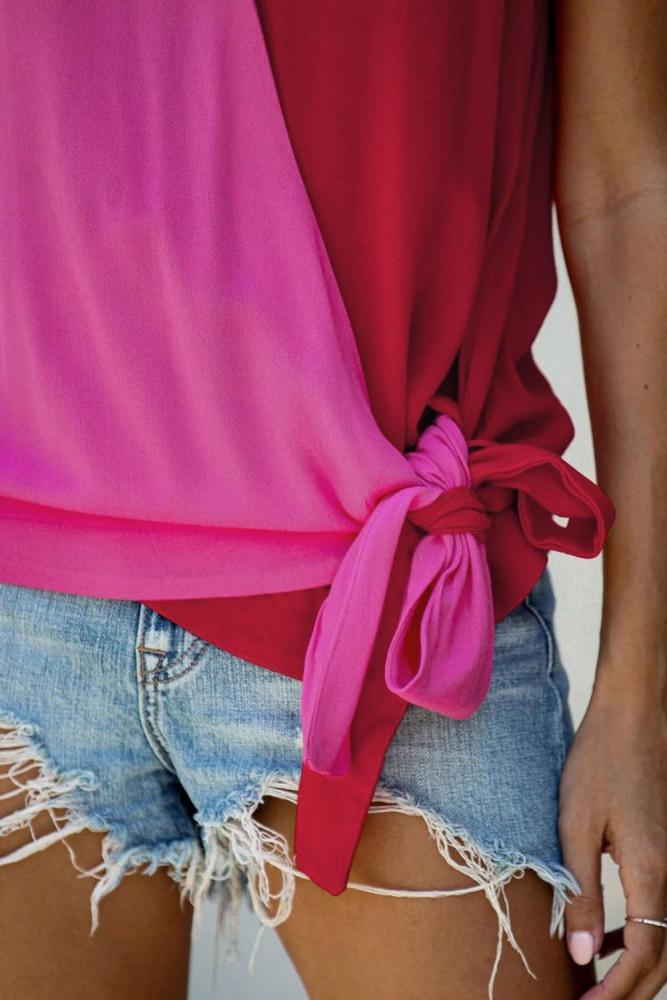 Red and Rose Colorblock Drape Tie Tank Top