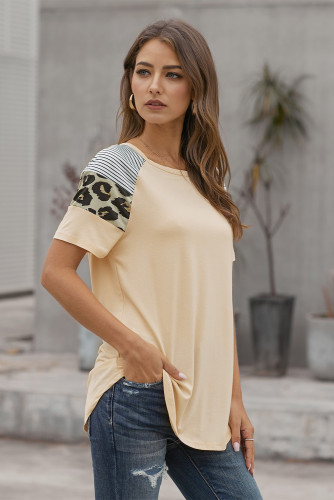 Khaki Striped Leopard Print Short Sleeve Women T-shirt