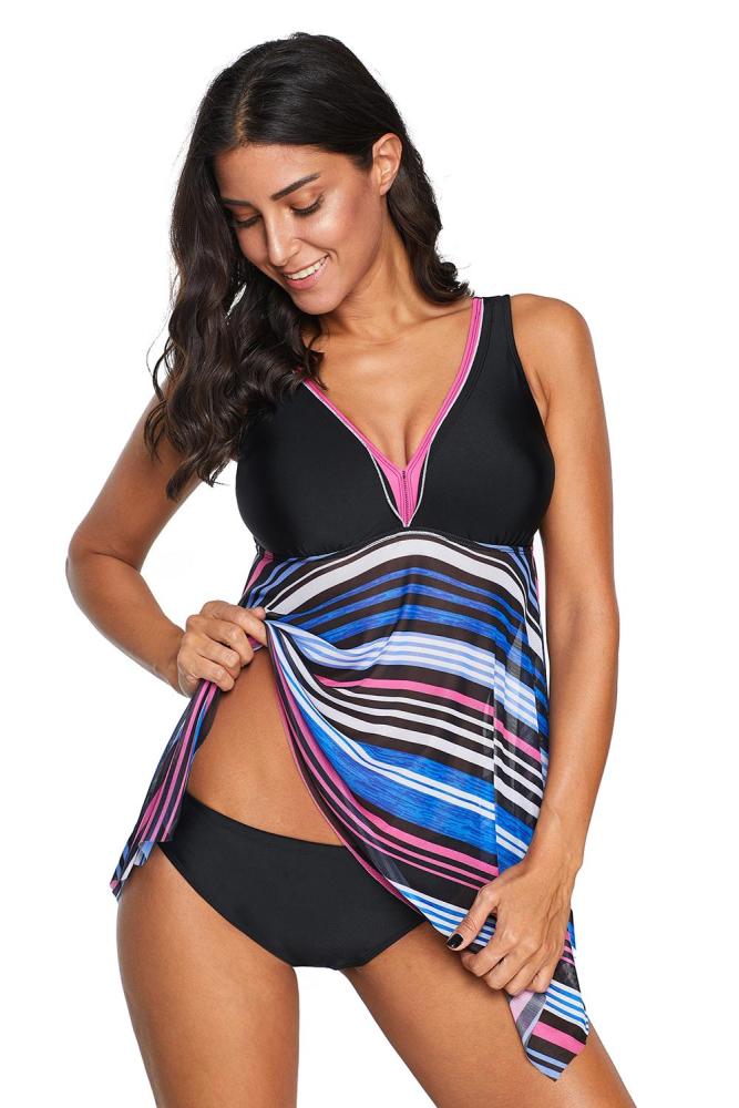 Multicolor V Neck Striped Asymmetrical Hem Tankini Swimsuit