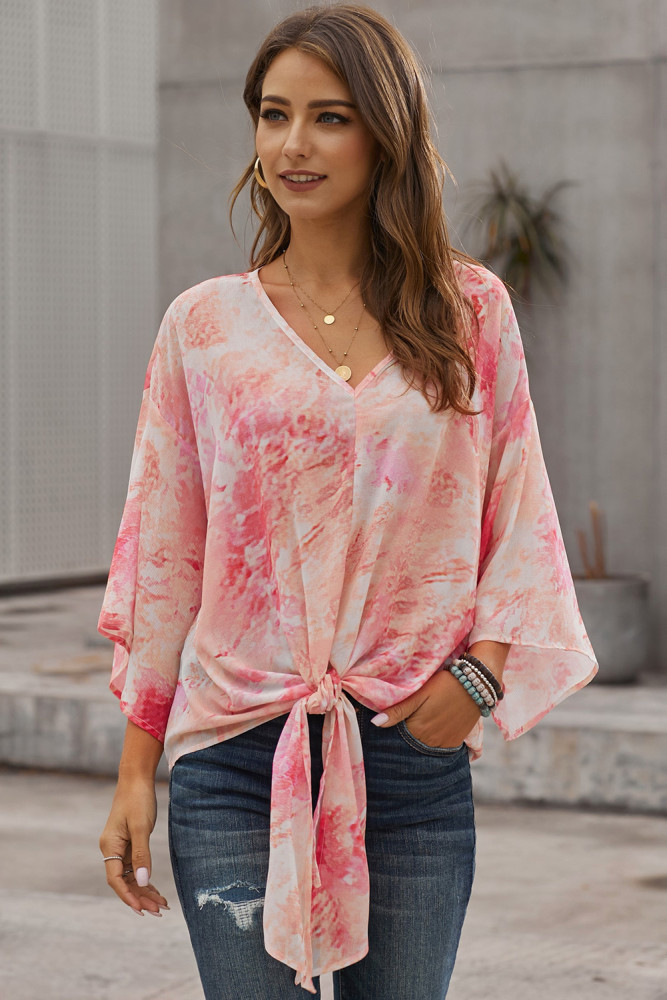 Red Tie Dye V Neck Top