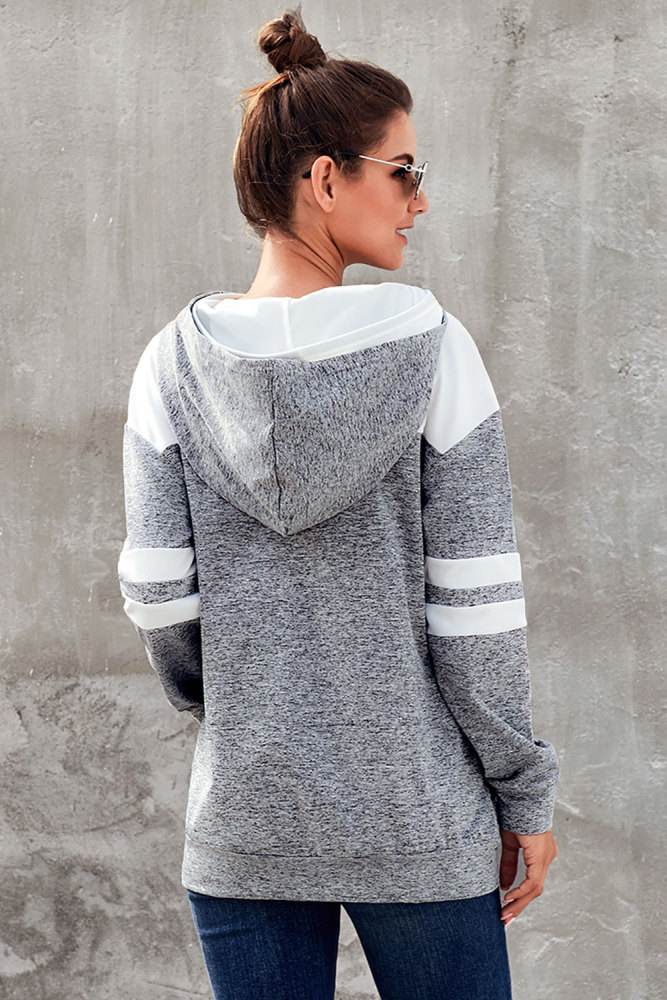 Gray Color Block Pullover Hoodie with Pocket